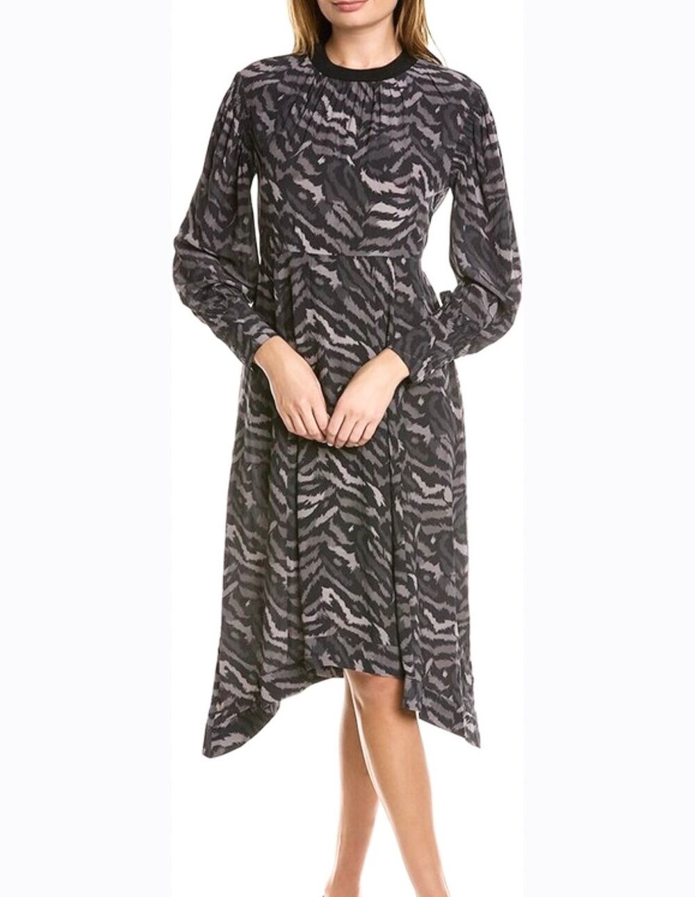 All Saints Fayre Remix Animal Printed Long Sleeve Black Handkerchief Midi Dress